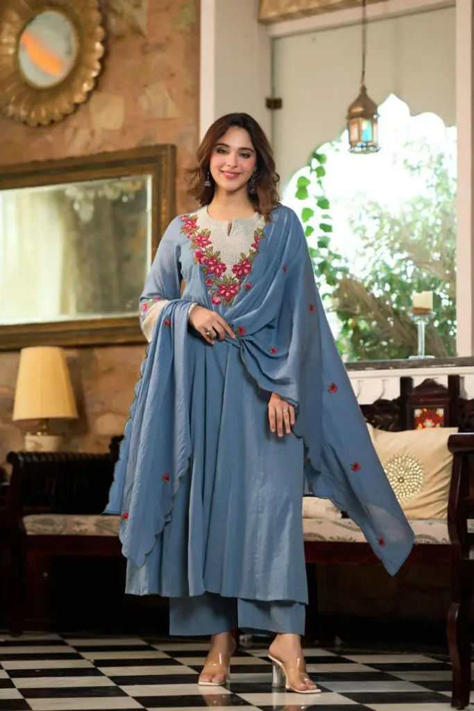 Dusty Blue Floral Embroidered Pure Mull Crush 3-Piece Kurta Set
