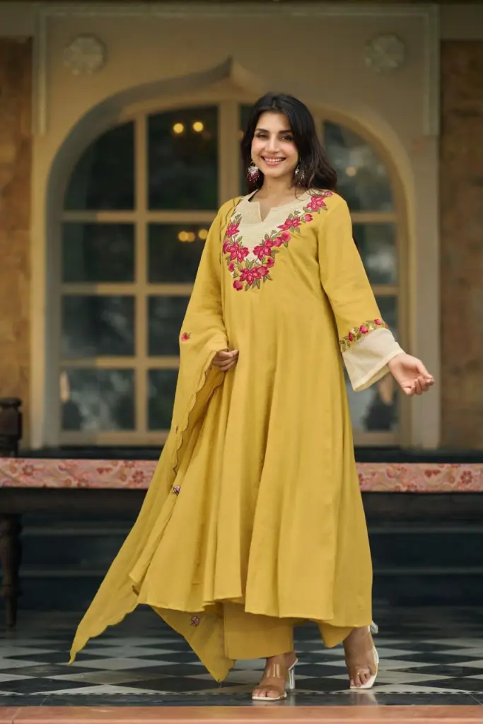 Mustard Yellow Floral Embroidered Pure Mull Crush 3-Piece Kurta Set