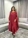Maroon Floral Embroidered Pure Mull Cotton 3-Piece Anarkali Kurta Set