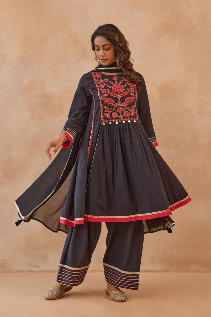 Black & Red Embroidered Pure Mull Mull Cotton Anarkali 3-Piece Set