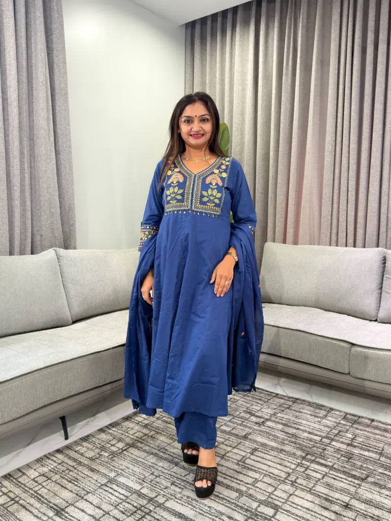 Royal Blue Floral Embroidered Pure Soft Flex Cotton 3-Piece Kurta Set