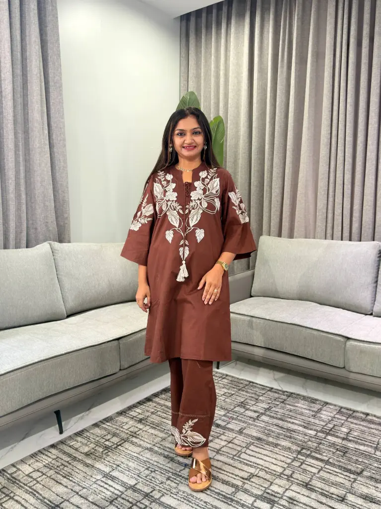 Brown Floral Embroidered Pure Mull Mull Cotton Co-Ord Set