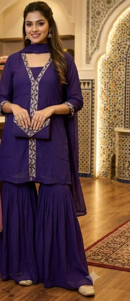 Purple Hand Work Pure Chinon Indo-Western Co-Ord Set