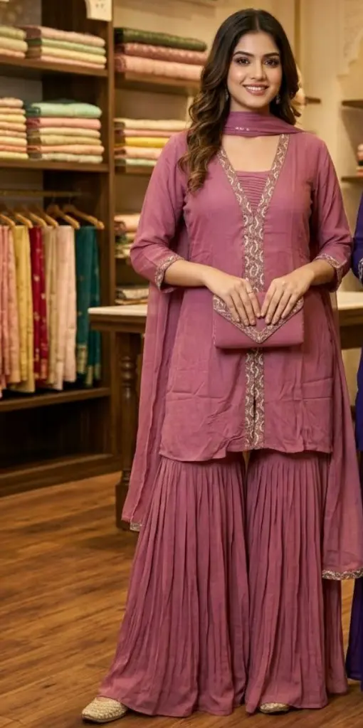 Mauve Pink Hand Work Pure Chinon Indo-Western Co-Ord Set