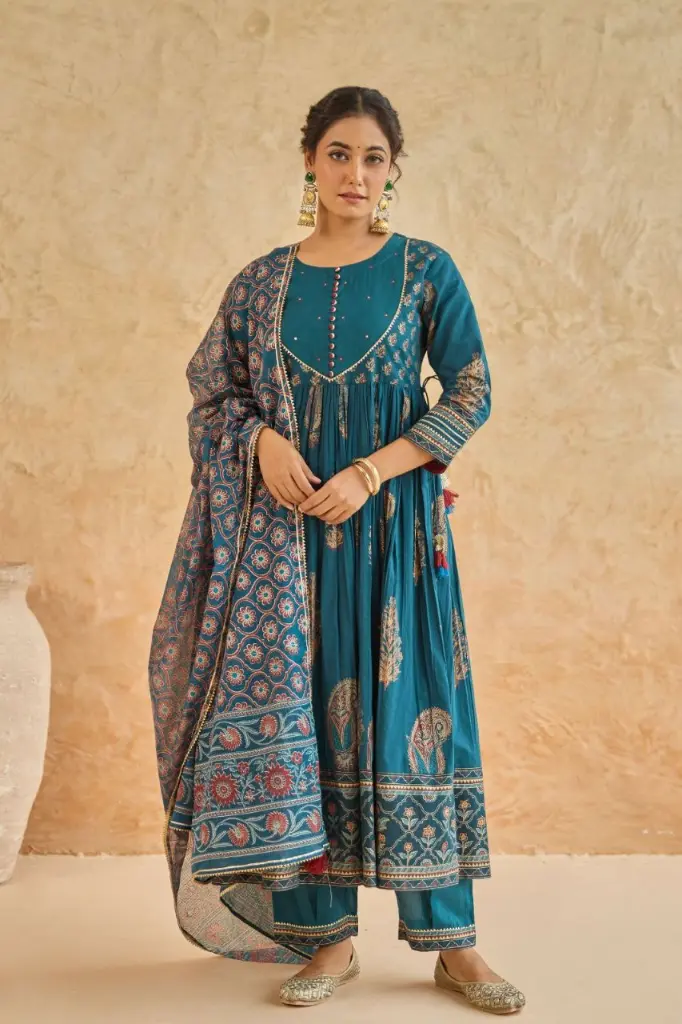 Teal Blue Floral Printed Pure Soft Cotton 3-Piece Kurta Set