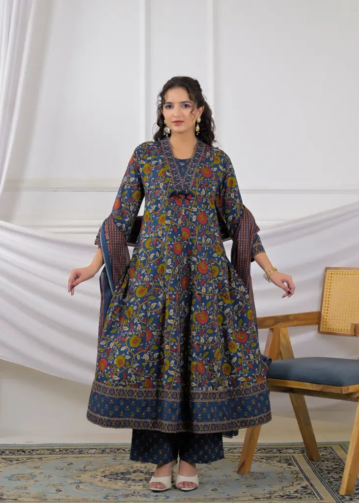 Blue Floral Printed Pure Soft Cotton 3-Piece Kurta Set