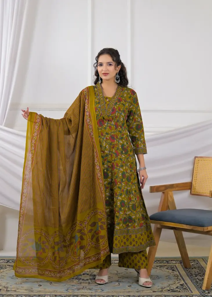 Olive Green Floral Printed Pure Soft Cotton 3-Piece Kurta Set