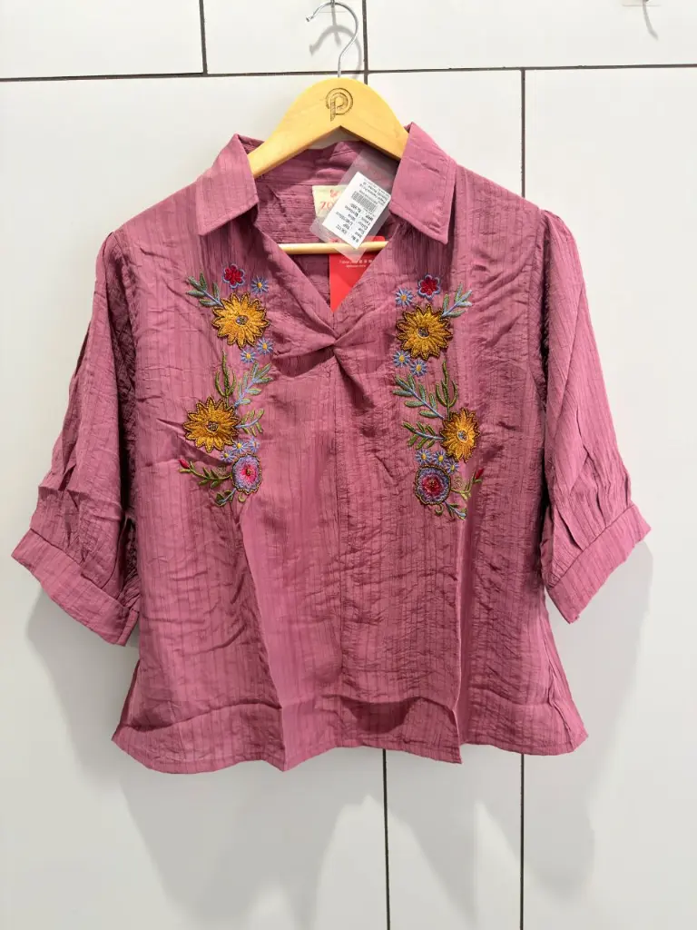 Mauve Embroidered Pure Imported Linen Top