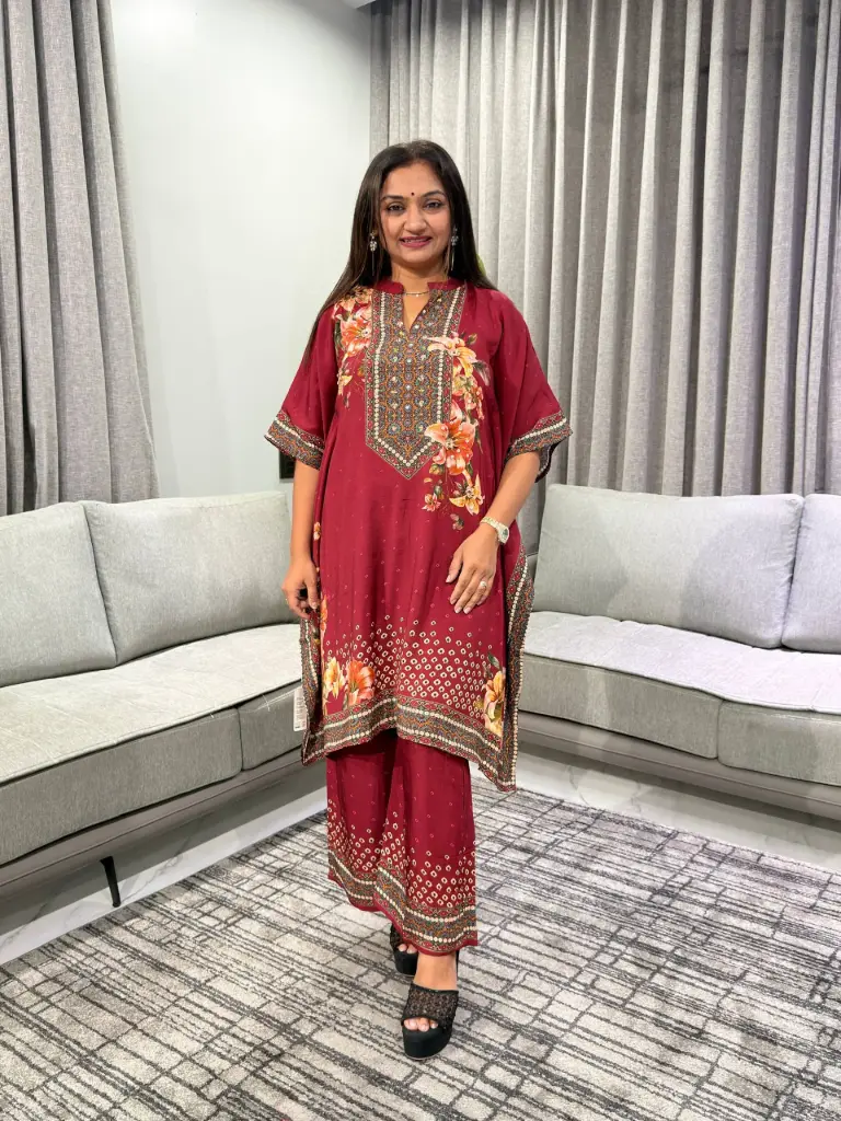 Premium Burgundy Floral Printed Lenzing Kaftan Co-ord Set