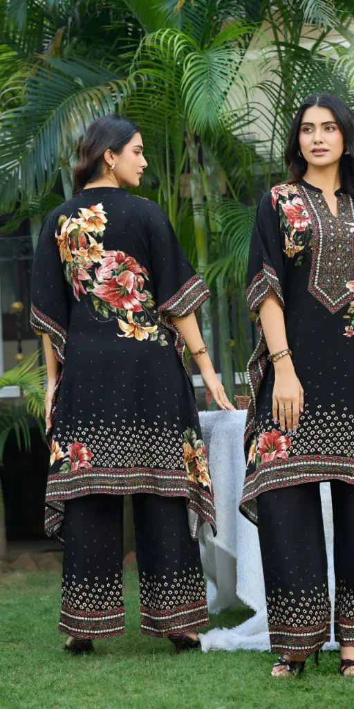 Premium Black Floral Viscose Lenzing Kaftan Co-ord Set