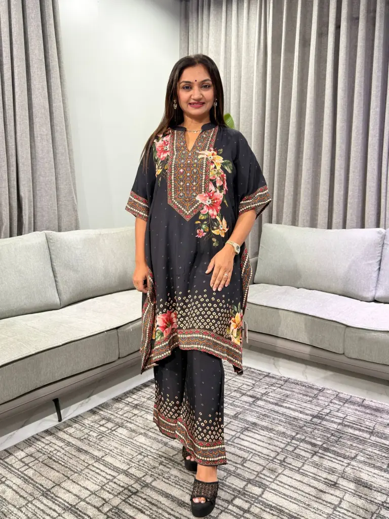 Premium Black Floral Viscose Lenzing Kaftan Co-ord Set