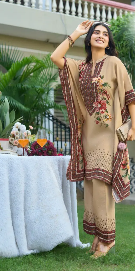 Beige Floral Print Premium Viscose Lenzing Kaftan Co-ord Set