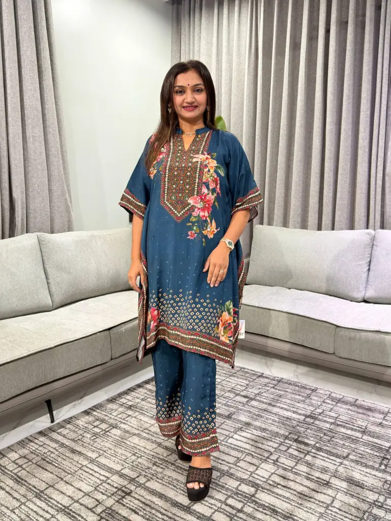Teal Blue Floral Print Premium Viscose Lenzing Kaftan Co-ord Set