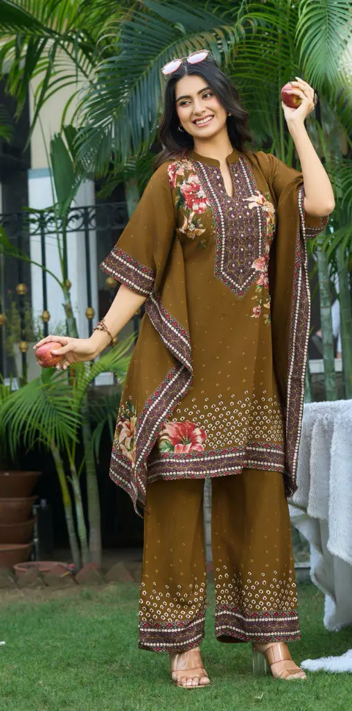 Olive Brown Floral Print Premium Viscose Lenzing Kaftan Co-ord Set