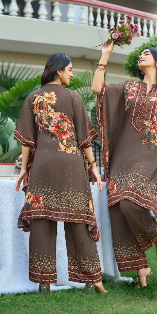 Mocha Brown Floral Print Premium Viscose Lenzing Kaftan Co-ord Set