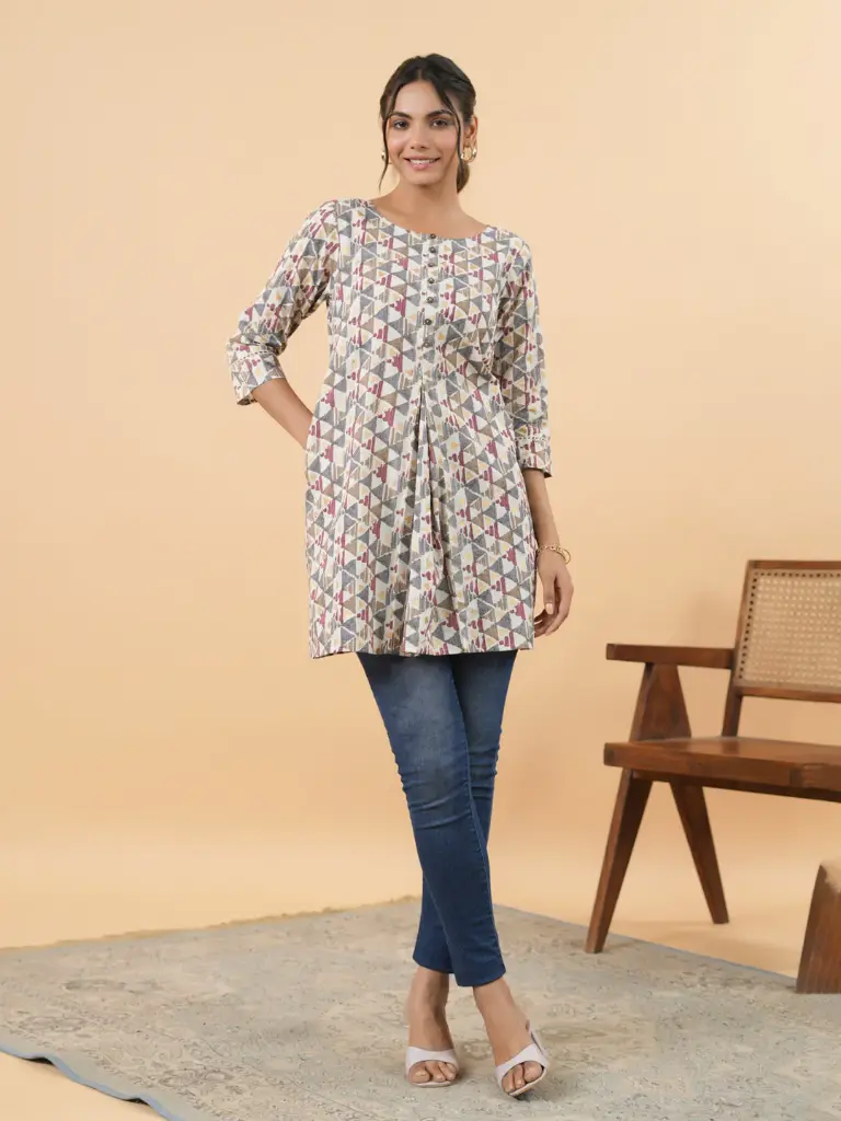 Off White Cotton Geometric Regular Tunic