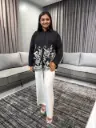 Black Cotton Off White Embroidered Shirt Top