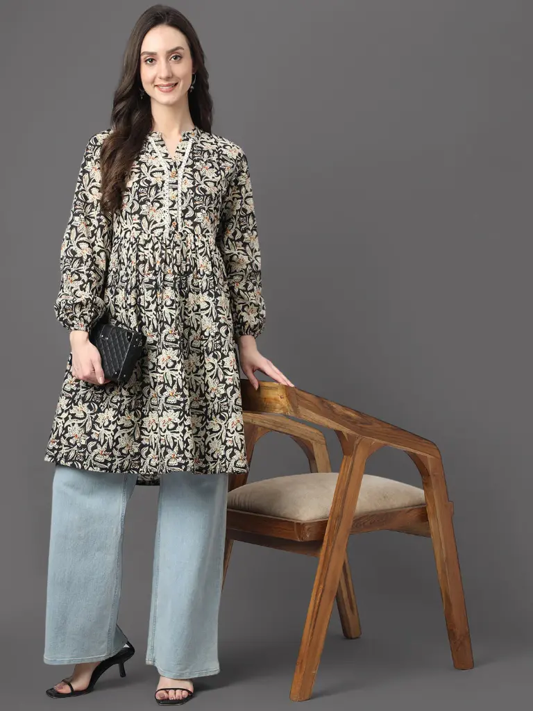 Black Cotton Floral Print Flared Tunic