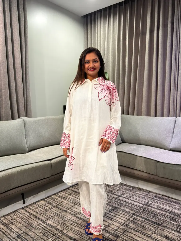 Rosy Charm White Embroidered Two-Piece Set 