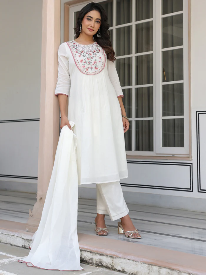 Off White Pure Cotton Yoke Embroidered A line Kurta Set
