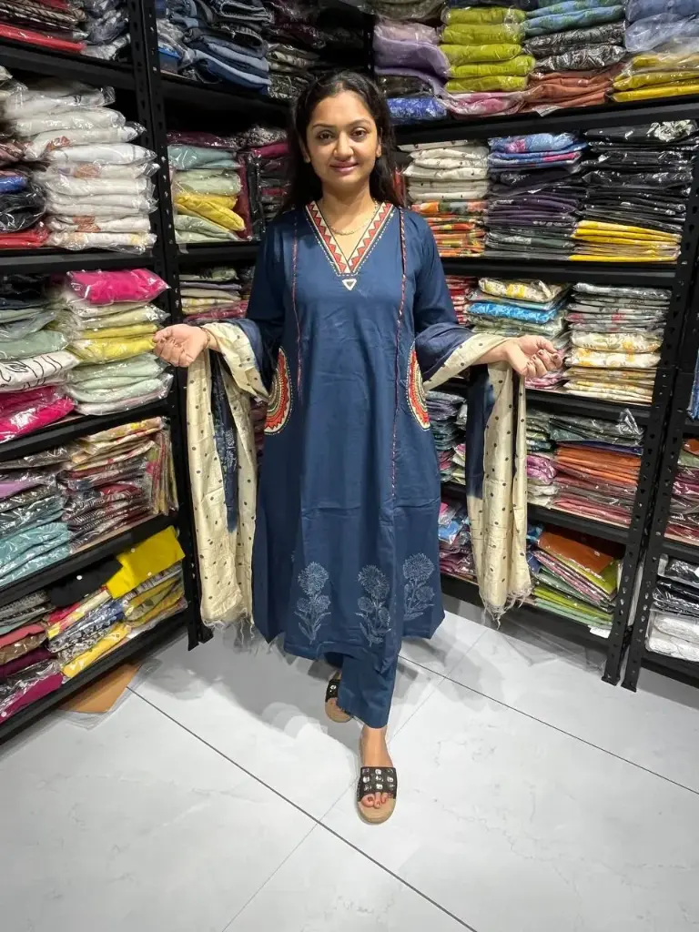 Ravya Classic Blue Embroidered Cotton 3pcs Set