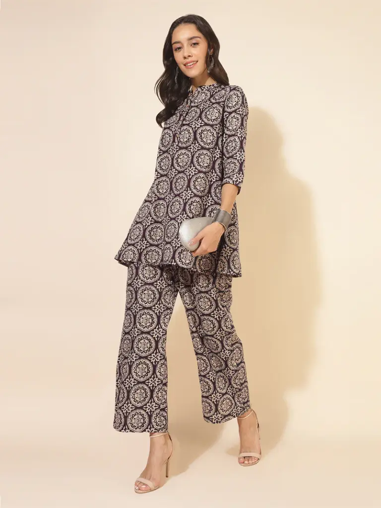 Wine Pure Cotton Ethnic Motifs Printed A-Line Co-Ord Set