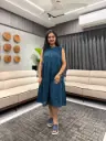 Teal Cotton Solid A-line Western Dress