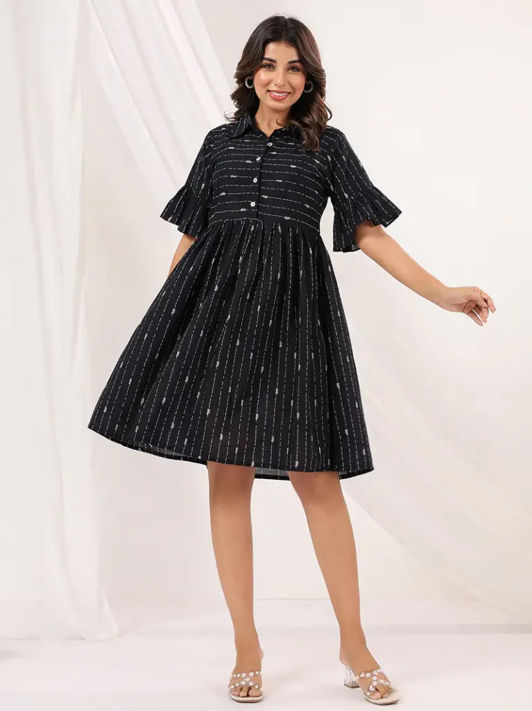 Black Cotton Abstract Printed A line Dress