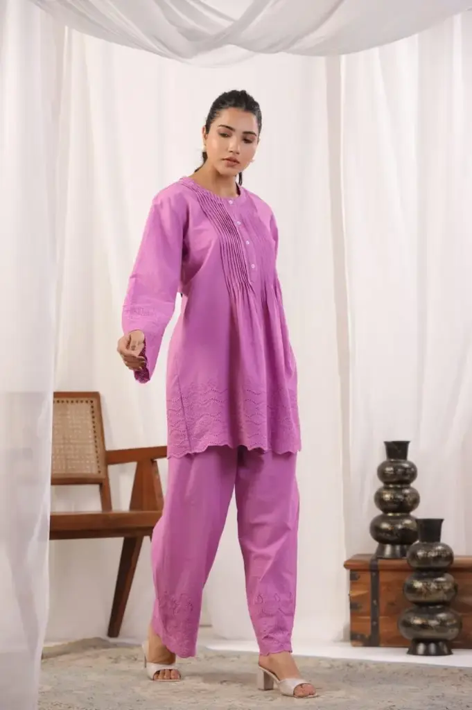 Orchid Bloom Embroidered Cotton Kurta Set