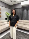 Midnight Elegance Embroidered Linen Top