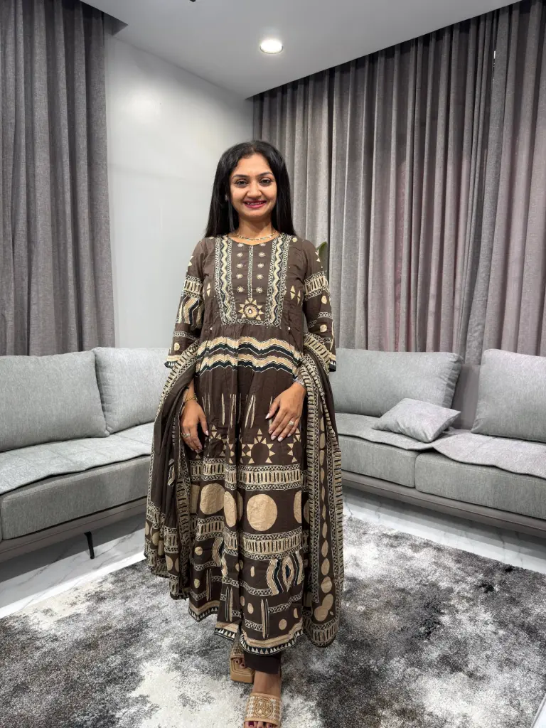 Cocoa Charm Geometric Anarkali Set