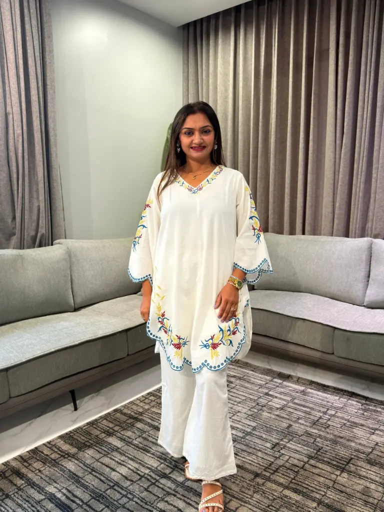 Ivory Bloom Embroidered Mull Cotton Co-ord Set