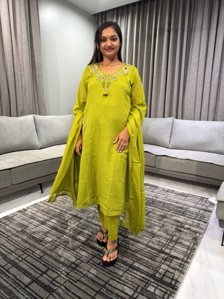 Lime Green Embroidered Mull Cotton Suit Set
