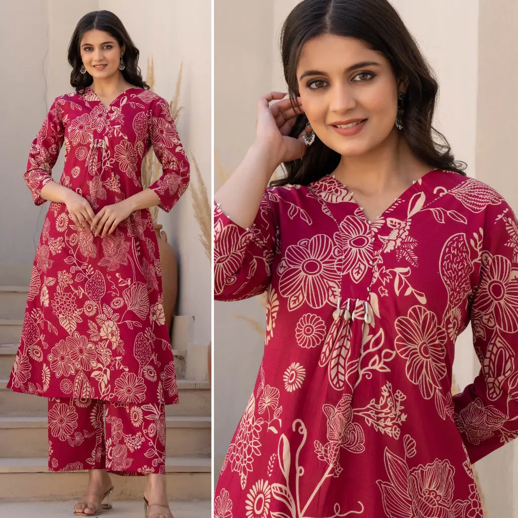 Red Cotton A-Line Kurti Set with Palazzo