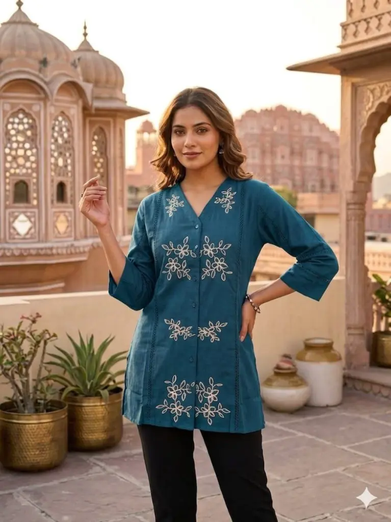 Teal Bloom Embroidered Cotton Top