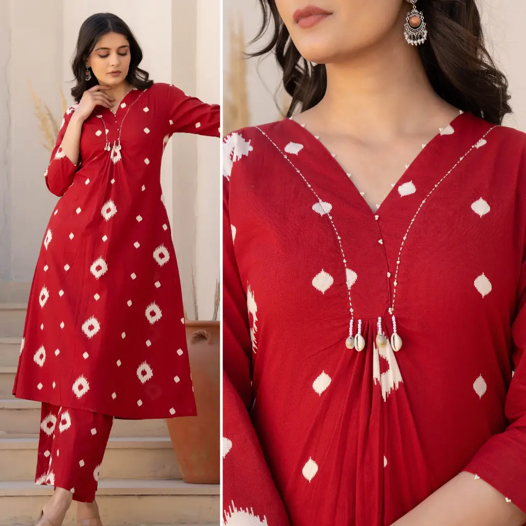 Cherry Cotton A-Line Kurti Set with Palazzo