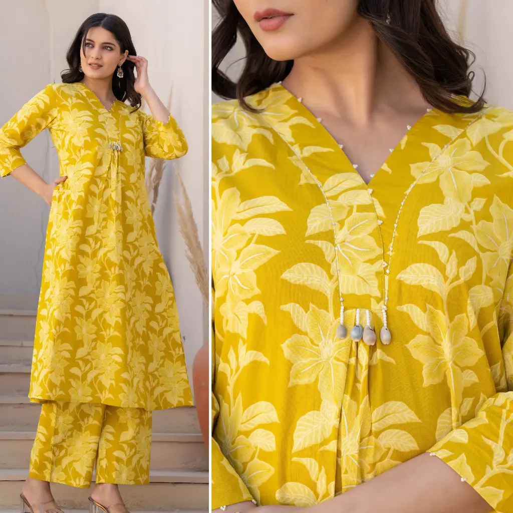 Yellow Cotton A-Line Kurti Set with Palazzo