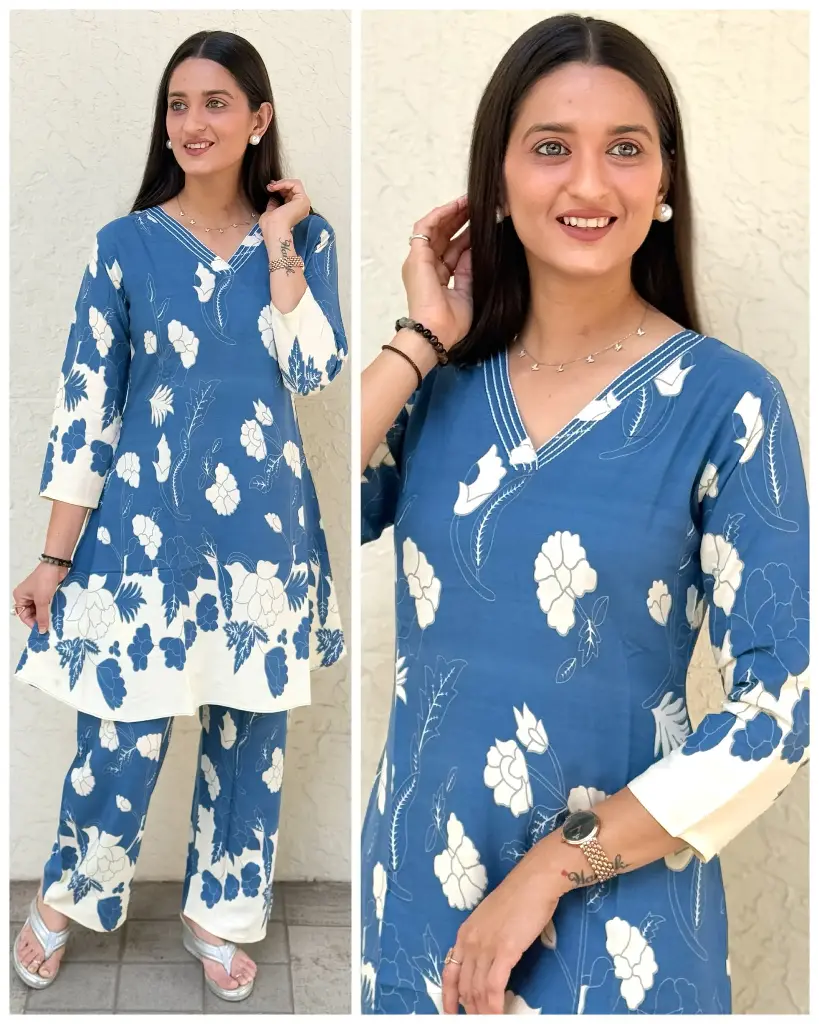 Blue Printed Cotton Kurta Set with Lace Detailing