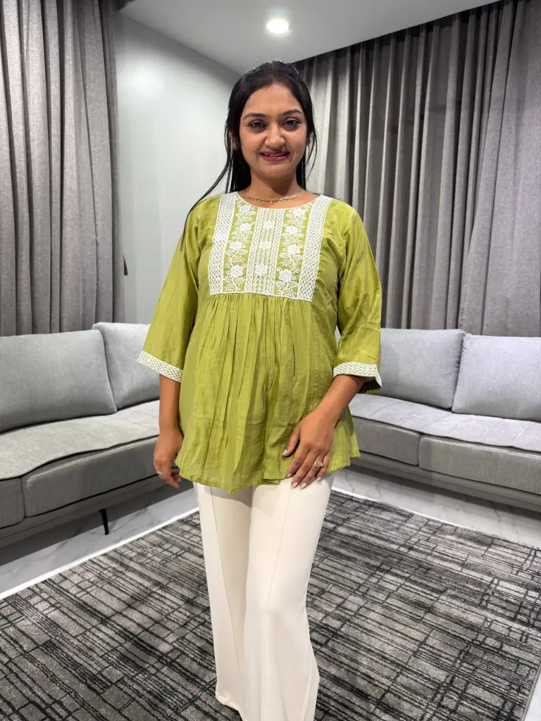 Olive White Embroidered Imported Top