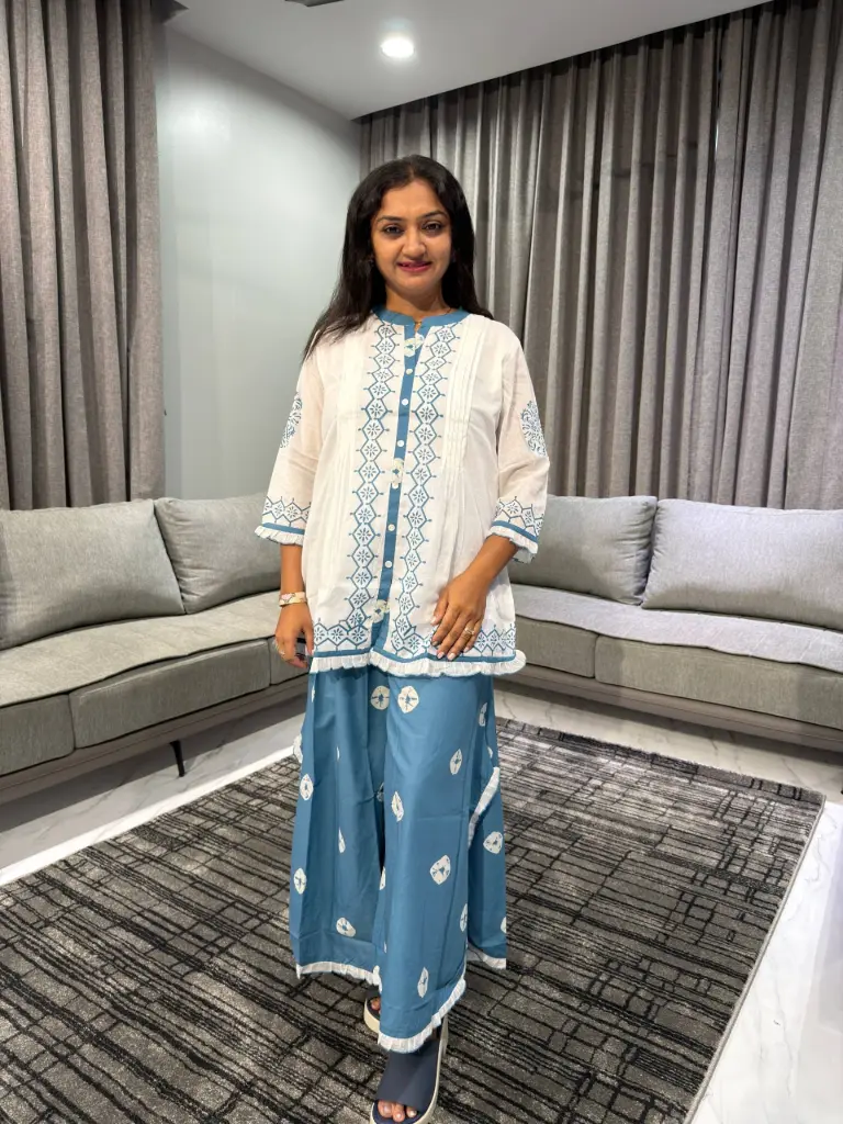 White & Royal Blue Embroidered Mull Cotton Co-Ord Set