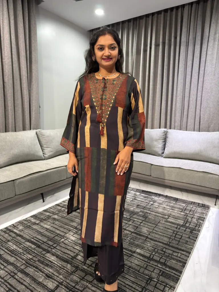 Mocha Ajrakh Stripe Muslin Kurta Set