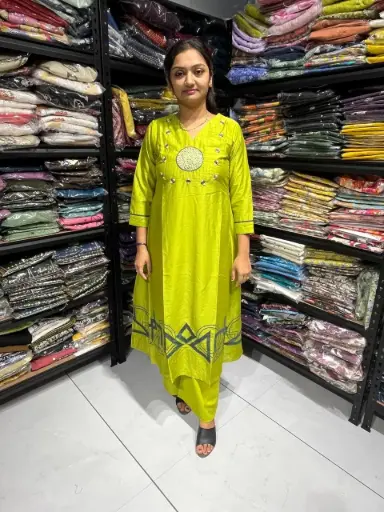 Lime Glow Silk Cotton Mirrorwork Set