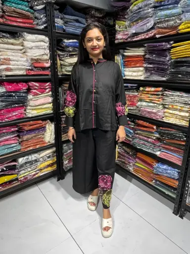Black linen Flex Cotton Cord Set with Hand Work