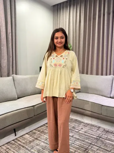 [820] Light Yellow Premium Cotton Embroidered Top for Women | Casual & Ethnic Wear