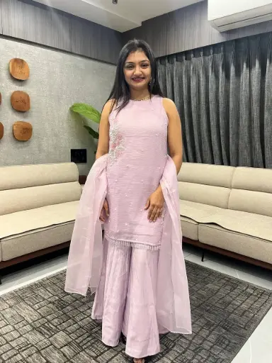 Lavender Crush Organza Hand-Worked Straight Kurta Set with Dupatta