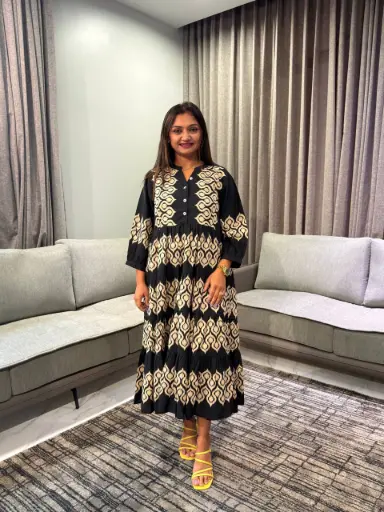 [1290] Black Shibori Print Cotton Long Dress
