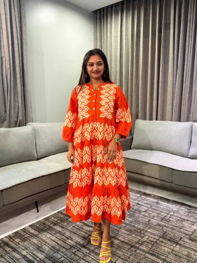 Orange Shibori Print Cotton Long Dress