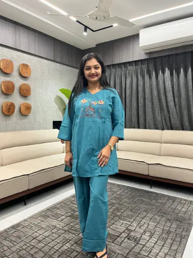 Teal Blue Cotton Embroidered Cord Set