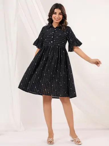 Black Cotton Abstract Printed A line Dress