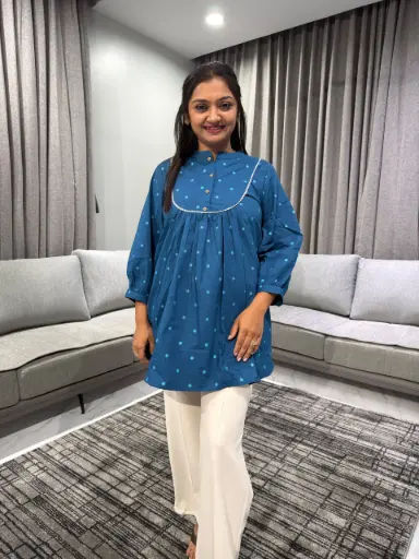 Teal Blue Pure Cotton Floral Foil Printed A-line Tunic